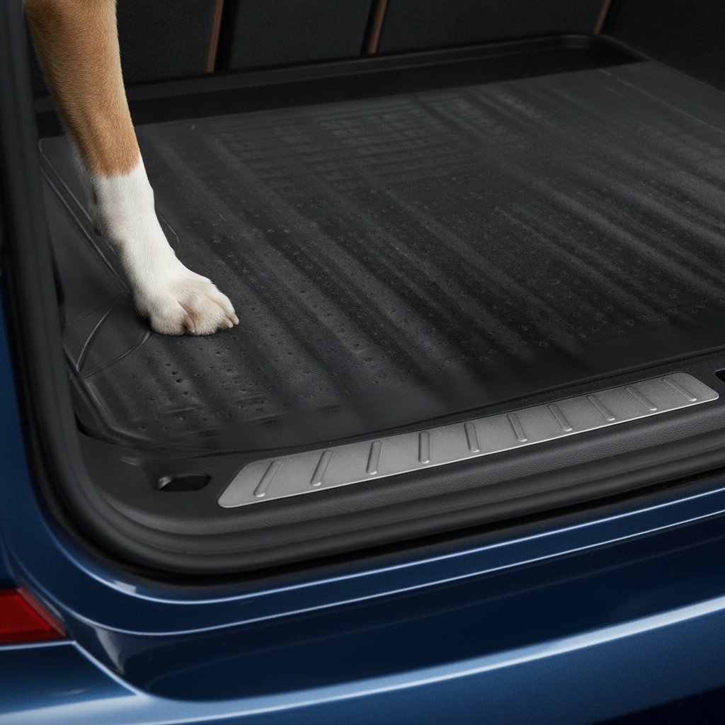 Close-up of the ribbed texture and raised edge lip of the black rubber car boot liner mat