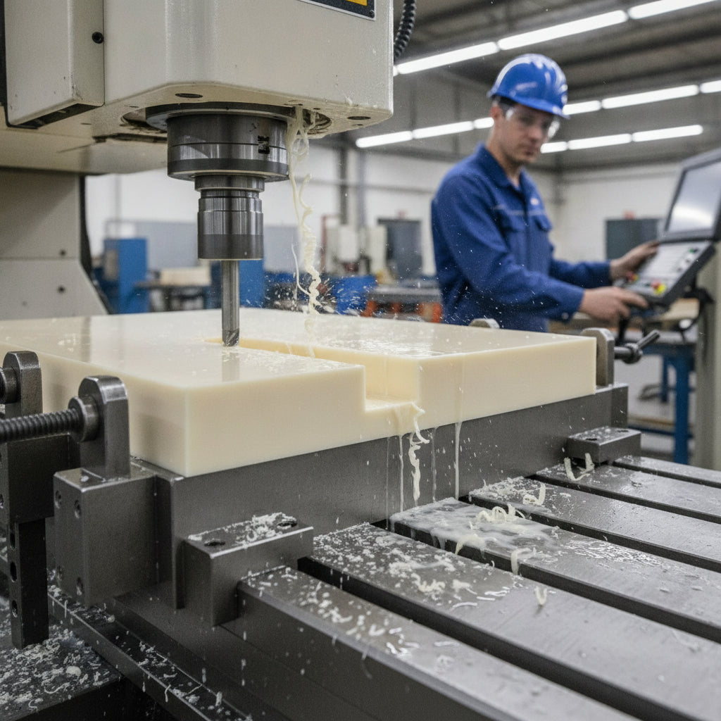 Nylon 6 natural sheet being CNC machined in engineering workshop showing excellent machinability