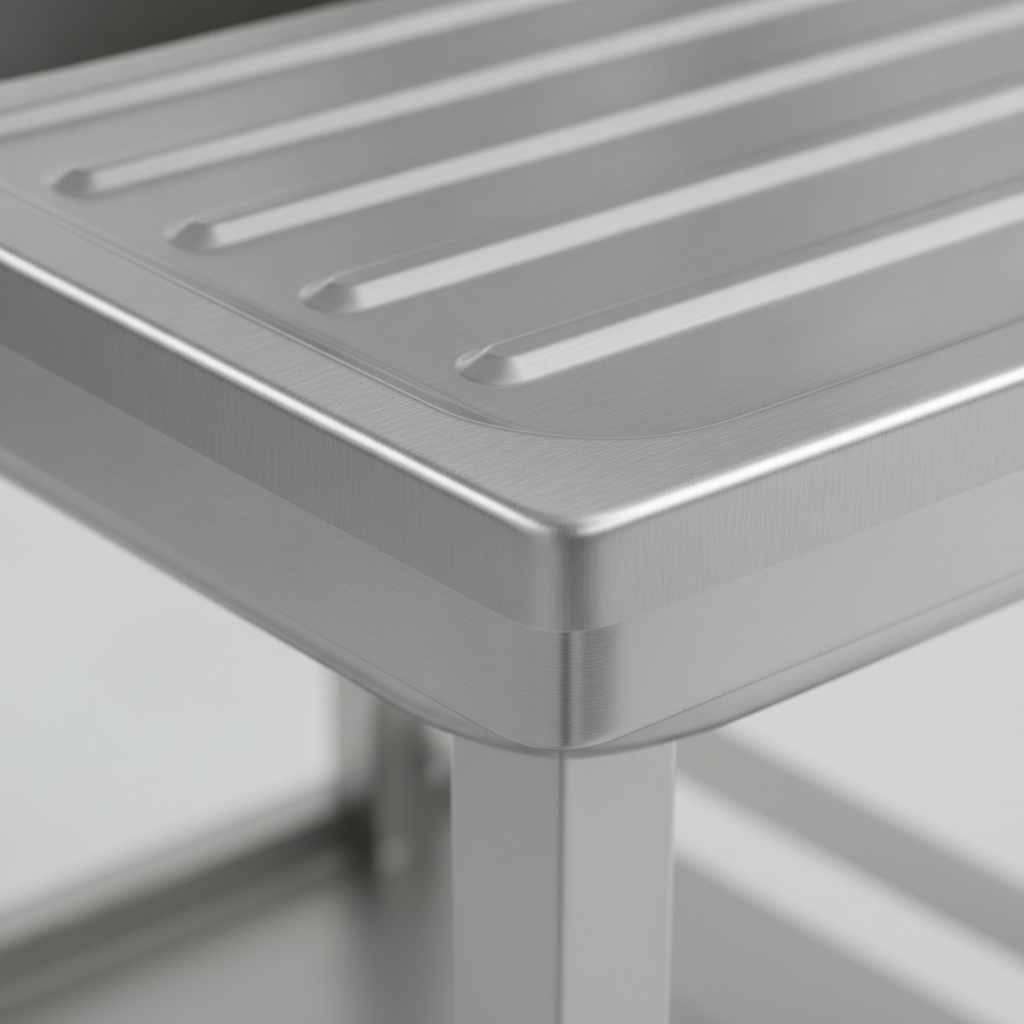 Close-up of the brushed stainless steel finish and drainage grooves on a commercial catering sink drainer board, showing the seam between the bowl and drainer