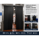 Panel showing a black PVC strip curtain in an abattoir doorway with application thumbnails and feature icons