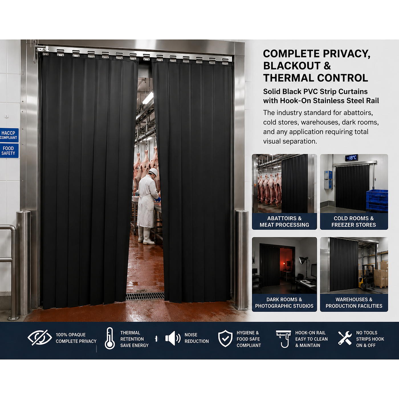 Panel showing a black PVC strip curtain in an abattoir doorway with application thumbnails and feature icons