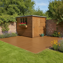 Brown anti-slip concrete floor and patio paint on a UK garden patio beside a wooden shed