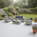 Light grey anti-slip concrete floor and patio paint on a UK garden patio with outdoor furniture