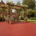Rustic red anti-slip concrete floor and patio paint on a UK garden patio under a pergola