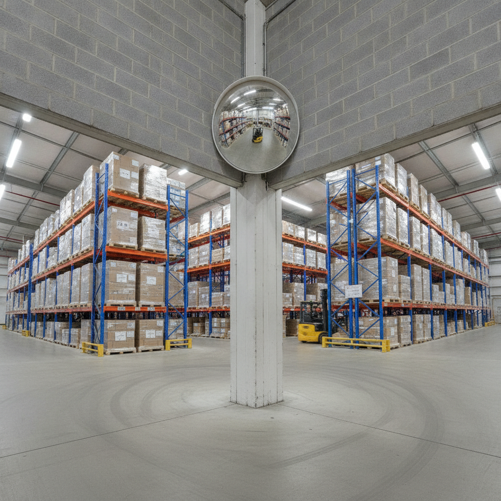 Convex safety mirror mounted high on a warehouse corner wall, reflecting pallet racking and a yellow forklift below