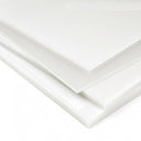Stacked corners of milky white polypropylene sheets on a white background, sawn edges to the front