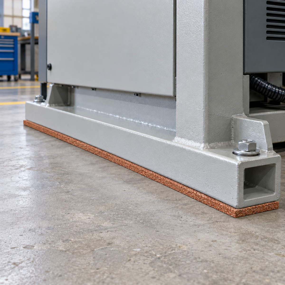 Illustrative machinery use of reddish-brown cork-elastomer mounting strip, 1200 x 50 x 9.5mm