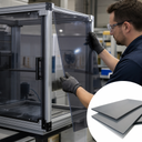 Technician fitting a tinted panel into an aluminium-framed machine enclosure, inset two grey sheets