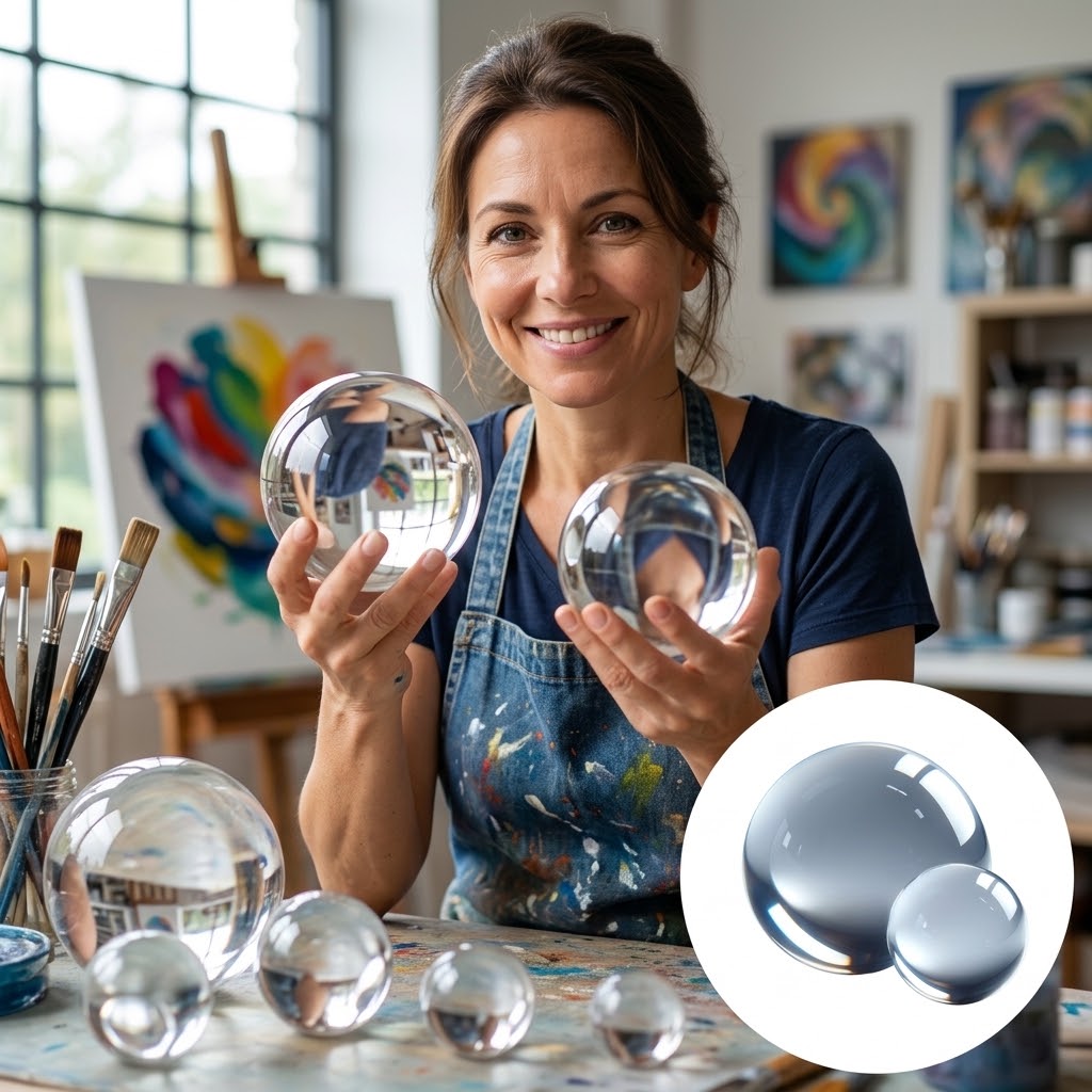 Artist in a paint-spattered apron holding two clear acrylic spheres in her studio; inset shows two plain spheres.
