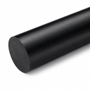 Black cast nylon rod close up on white, its fine-grained sawn end face nearest the camera