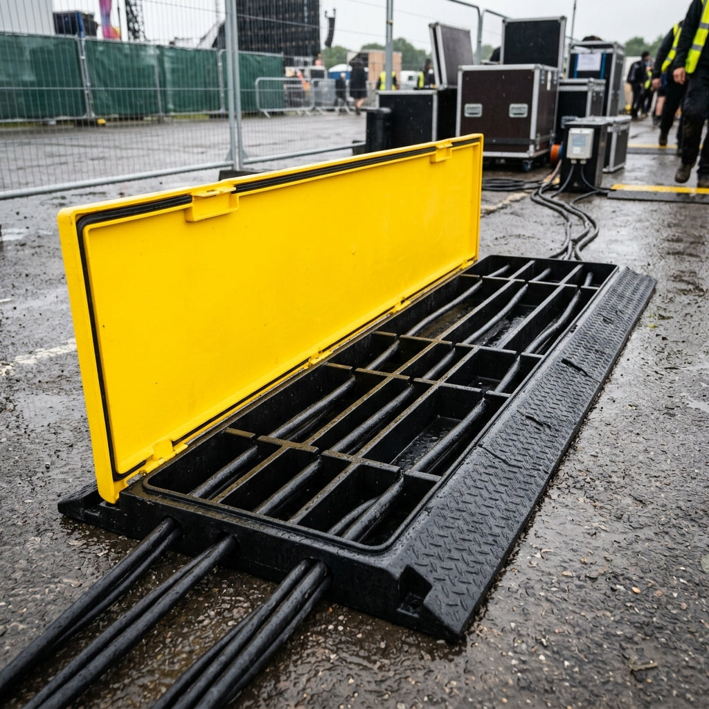 Five channel cable protector ramp on wet tarmac with the yellow lid open and cables inside