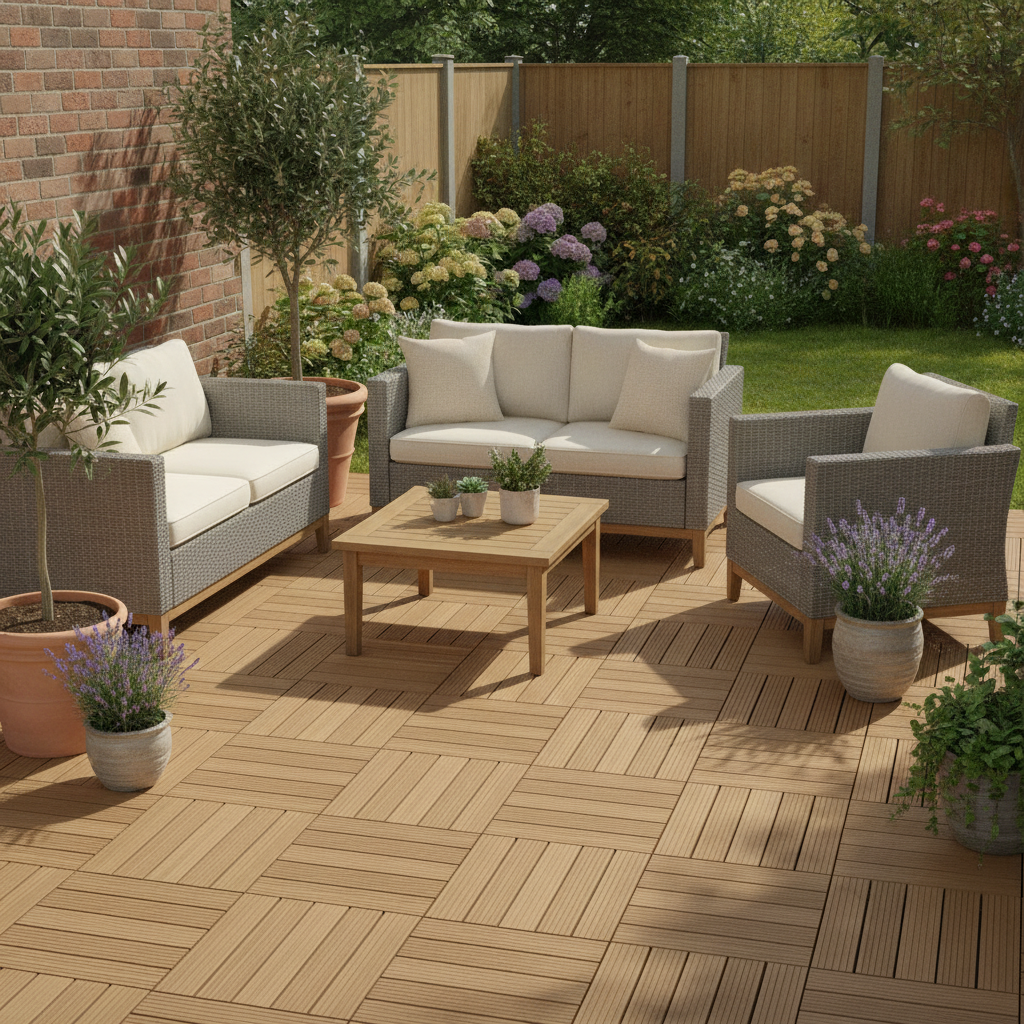 Teak brown interlocking WPC composite decking tiles fitted on a garden patio with rattan sofa and coffee table