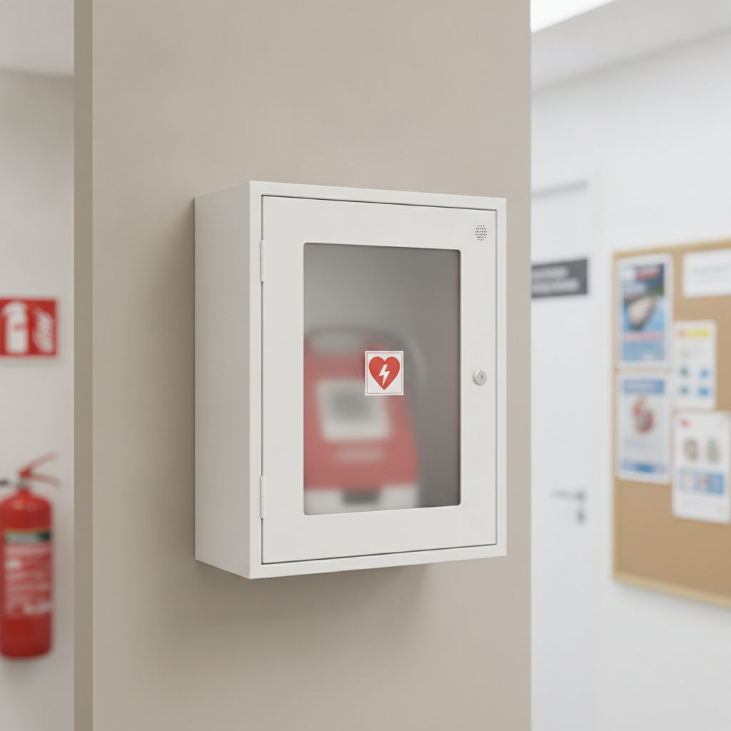 White wall-mounted indoor defibrillator (AED) protective storage cabinet with frosted glass vision panel and alarm, fitted on an office corridor wall next to a fire safety point