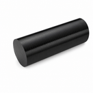 Short black Delrin rod on white, lying at an angle with its turned end face to the left