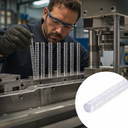 Machinist in safety glasses setting clear bubble acrylic rods into a fixture, inset of a single rod