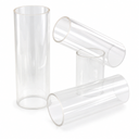 Four colourless clear acrylic tube offcuts, one standing upright and three lying angled, on a white studio background.