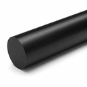 Matt black cast nylon rod lying diagonally on white, sawn end face angled towards the camera