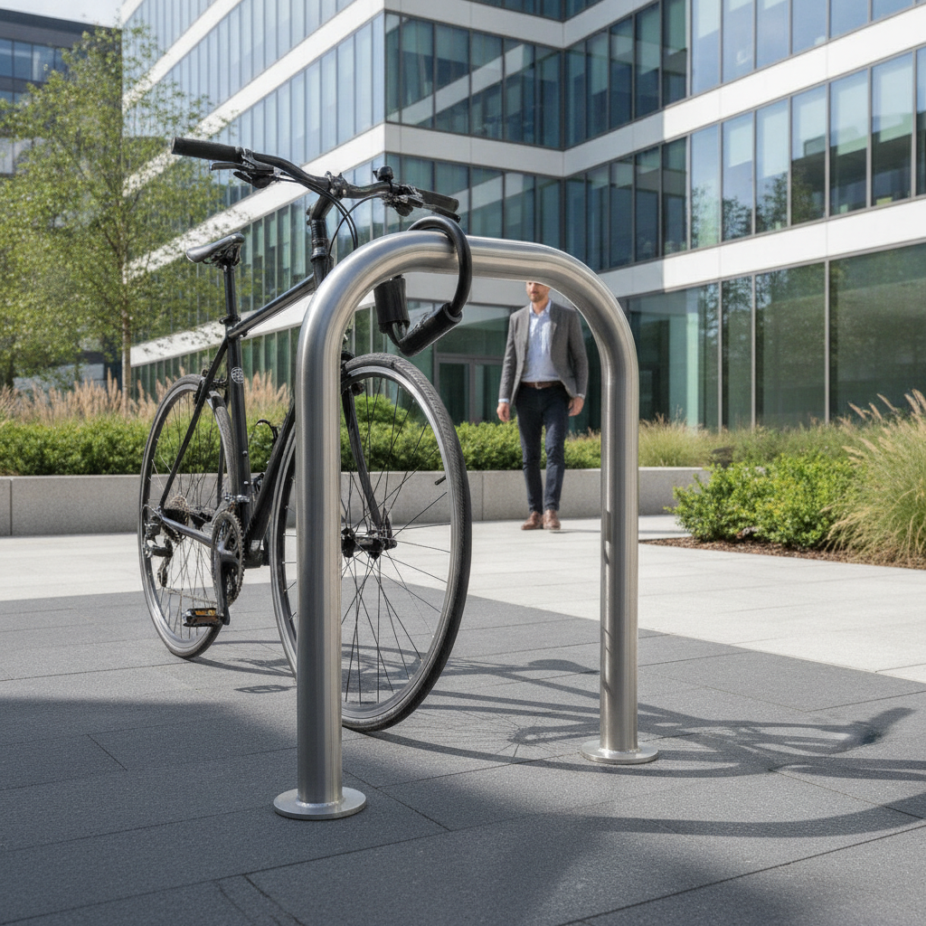 Polished stainless steel Sheffield-style cycle stand outside a modern glass office building, with a commuter bicycle locked to the hoop