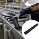 Worker in a hard hat lifting a thick black nylon roller from a conveyor, inset of the plain rod