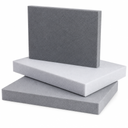 Three polyethylene foam slabs on white, two mid-grey and one pale grey, fine even cut faces