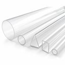 Clear acrylic tubes on white in mixed profiles: round, triangular and square sections, cut ends towards the camera.