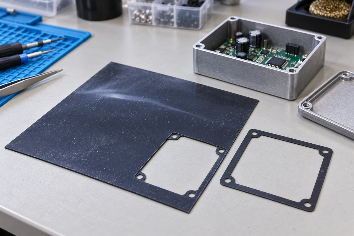 Illustrative electronics gasket prototyping with black conductive silicone sheet, 200 × 200mm