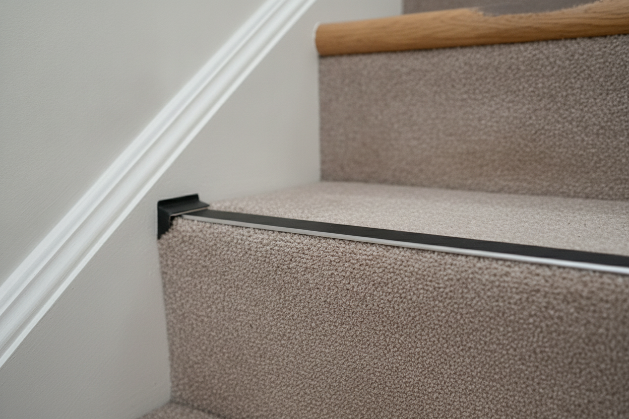 Matt black anodised aluminium stair nosing end cap fitted to a carpeted staircase edge in a UK home hallway