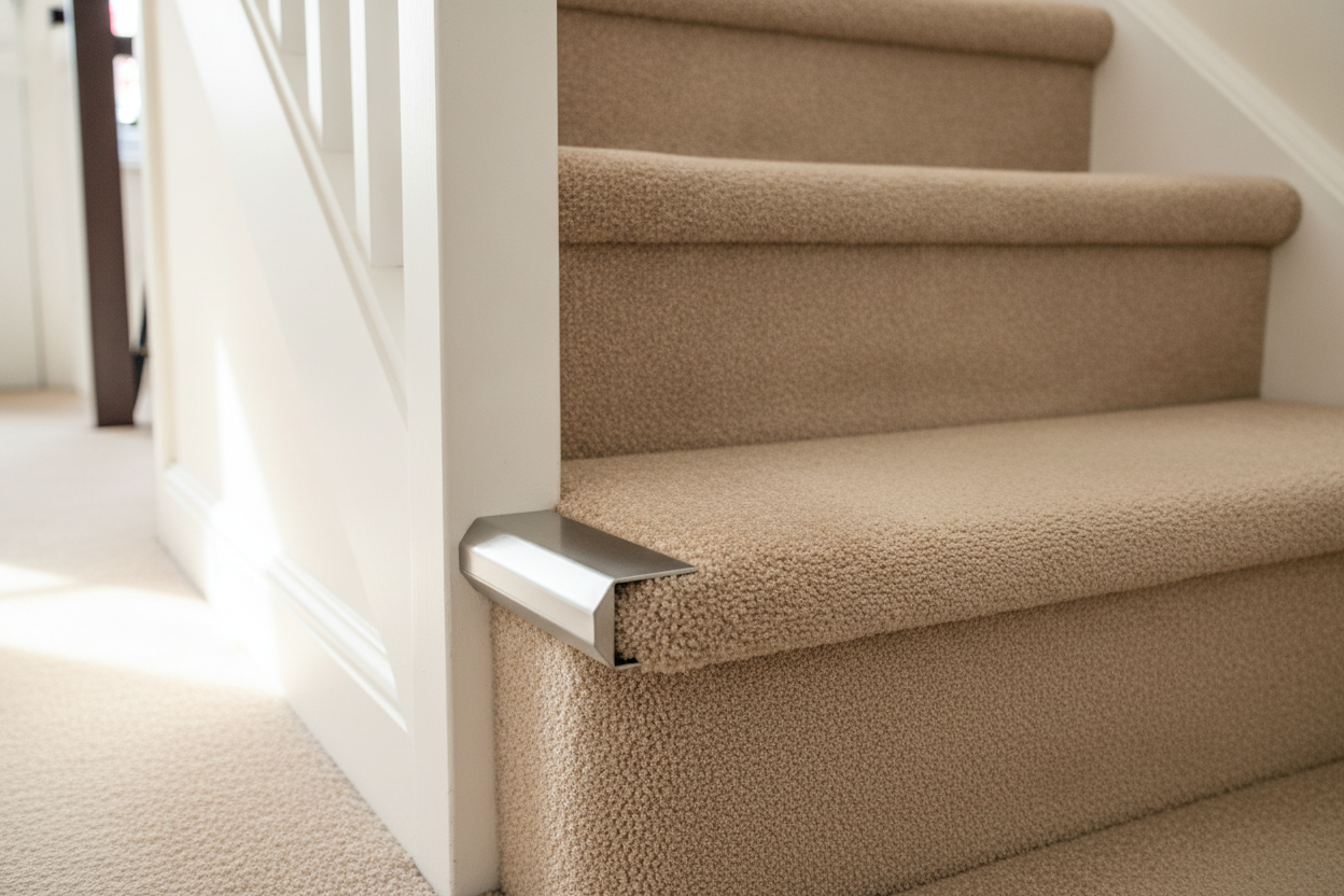 Silver anodised aluminium stair nosing end cap fitted to a carpeted staircase edge in a UK home hallway