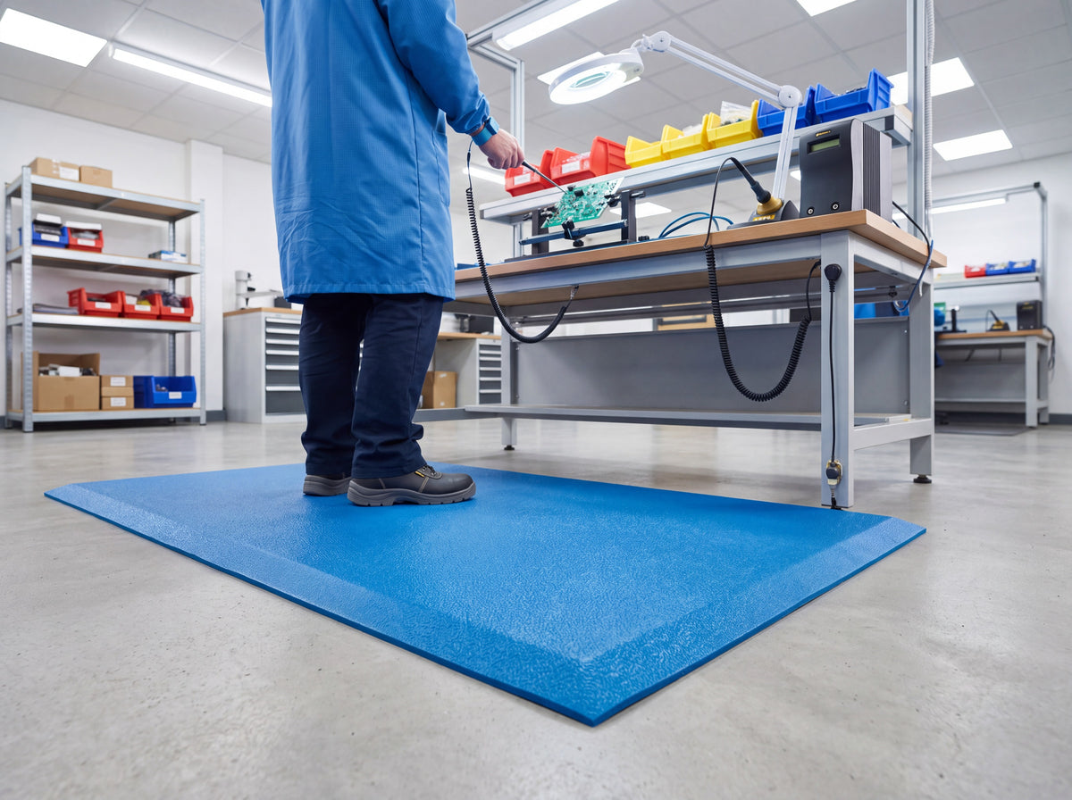 Blue ESD anti-fatigue mat at an electronics assembly bench with an operator in an ESD coat and wrist strap