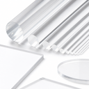 White studio group of clear acrylic: one large-bore tube, graduated round rods, sheet corners and a disc