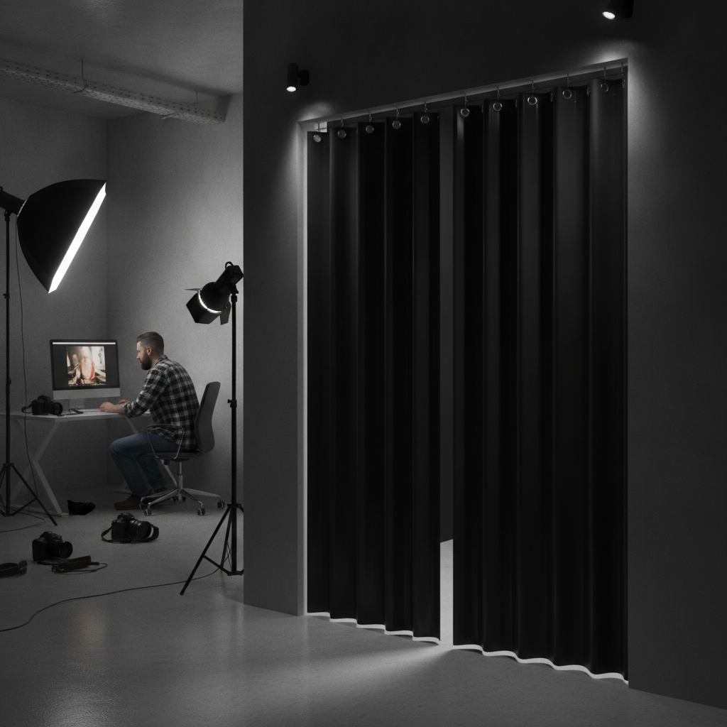 Solid black PVC strip curtains at photography dark room studio — total blackout barrier