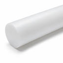 Translucent white PTFE rod set diagonally on white, rounded cut end nearest the camera