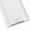 Close studio view of a white PVC division bar profile, its central T-fin between two flat channels