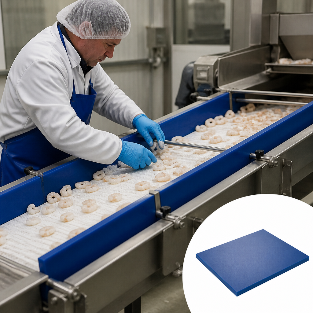 Worker in a hairnet sorting prawns on a blue-sided food conveyor, inset of a blue plastic slab