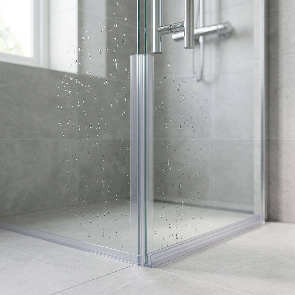 Vertical shower screen seal installed on glass door edge - Fits 4-6mm Glass - 1 Pair - Fin Depths of 8mm, 12mm, 15mm, 20mm, 25mm, 30mm and 35mm