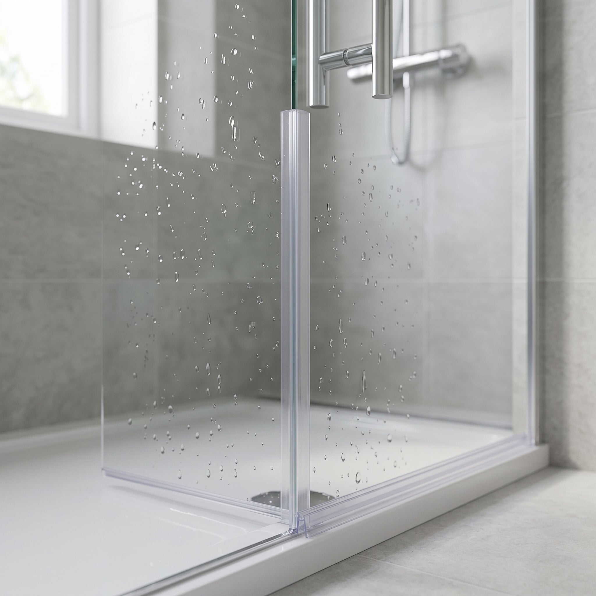 Clear vertical fin seal fitted to the edge of 8-10mm glass shower panel, fin closing the gap to the neighbouring panel