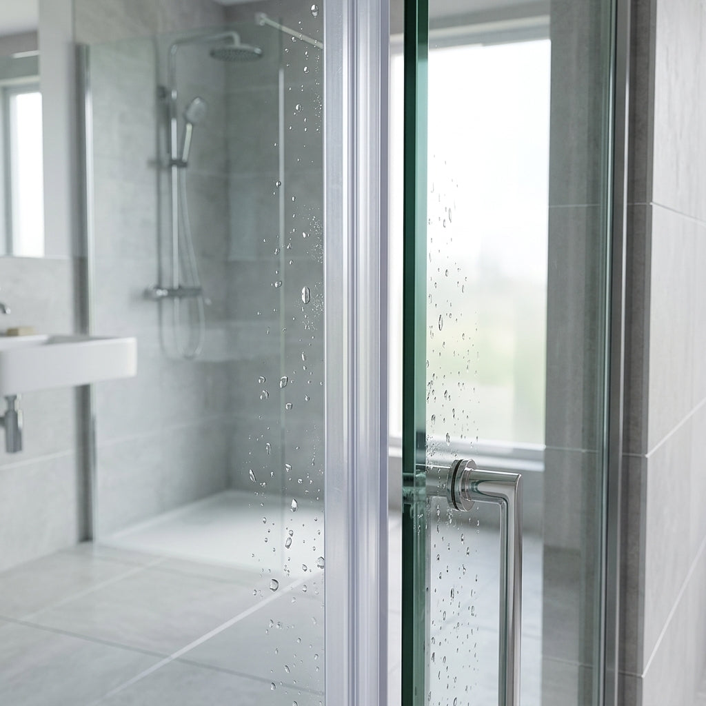 Vertical shower screen seal installed on glass door edge - Vertical Shower Screen Seal - Fits 6-8mm Glass - Fin Depth of 10mm to 15mm