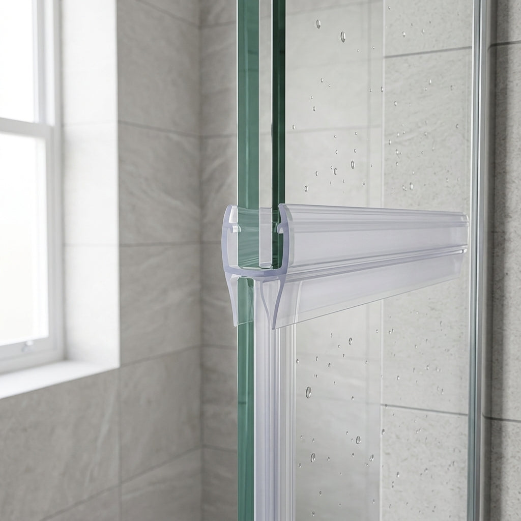 Vertical shower screen seal installed on glass door edge - Vertical Shower Screen Seal - Fits 6-8mm Glass - Fin Depth of 8mm to 35mm