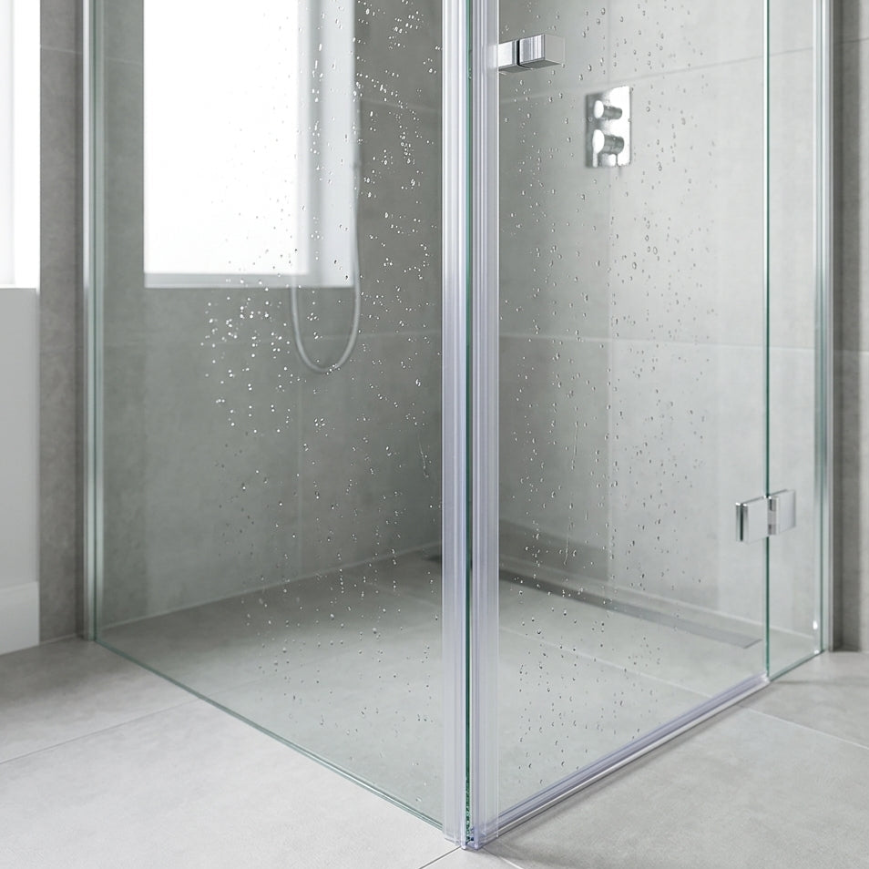 Vertical fin seal installed along the full closing edge of an 8-10mm frameless glass shower door, clear fin sealing the gap to the fixed panel