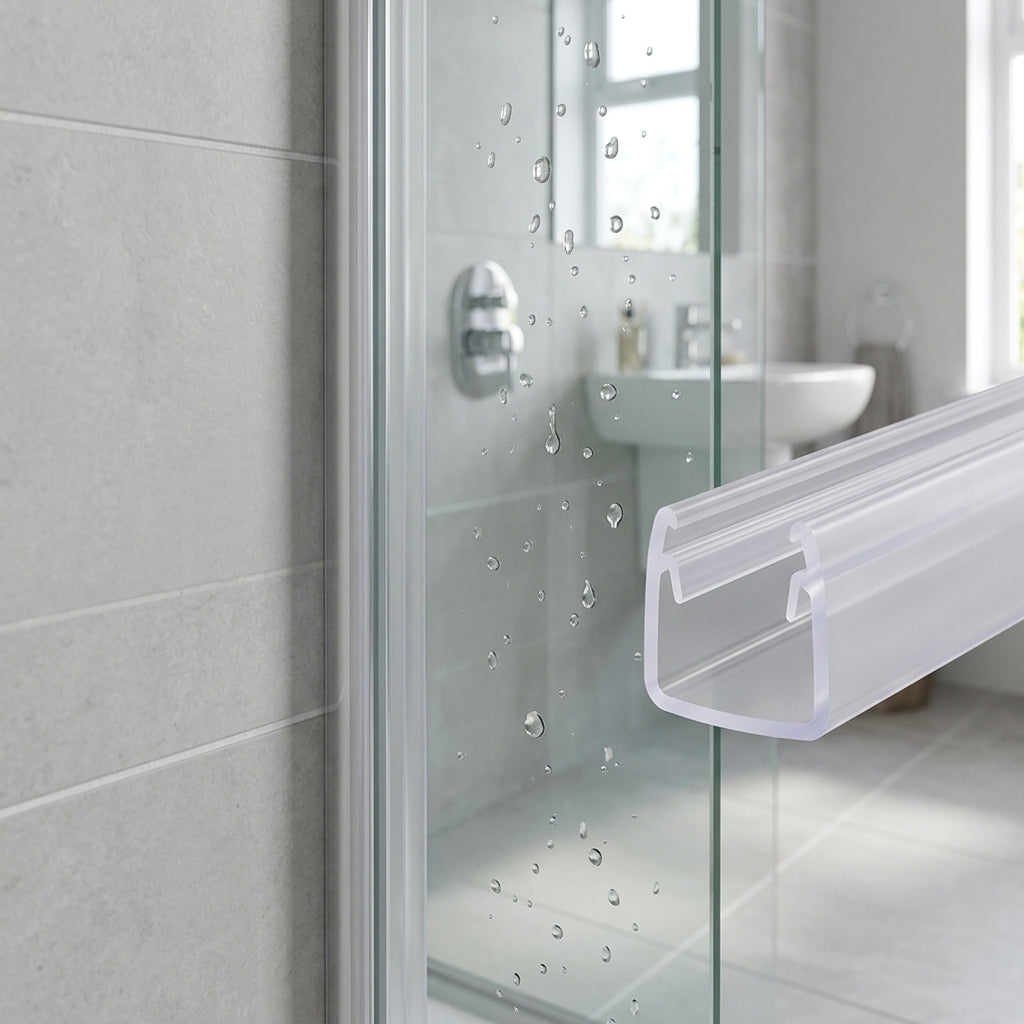 Vertical shower screen seal installed on glass door edge - Vertical Shower Screen Seal - 8-10mm Glass - Fin Width of 10mm, 15mm, 20mm or 25mm