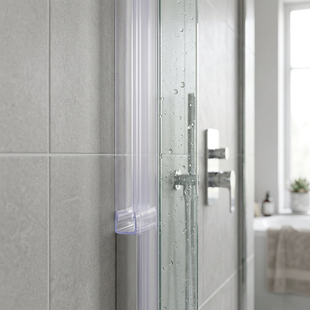 Vertical shower screen seal installed on glass door edge - Vertical Shower Screen Seal - Fits 4-6mm Glass - Fin Width of 8mm, 12mm or 16mm