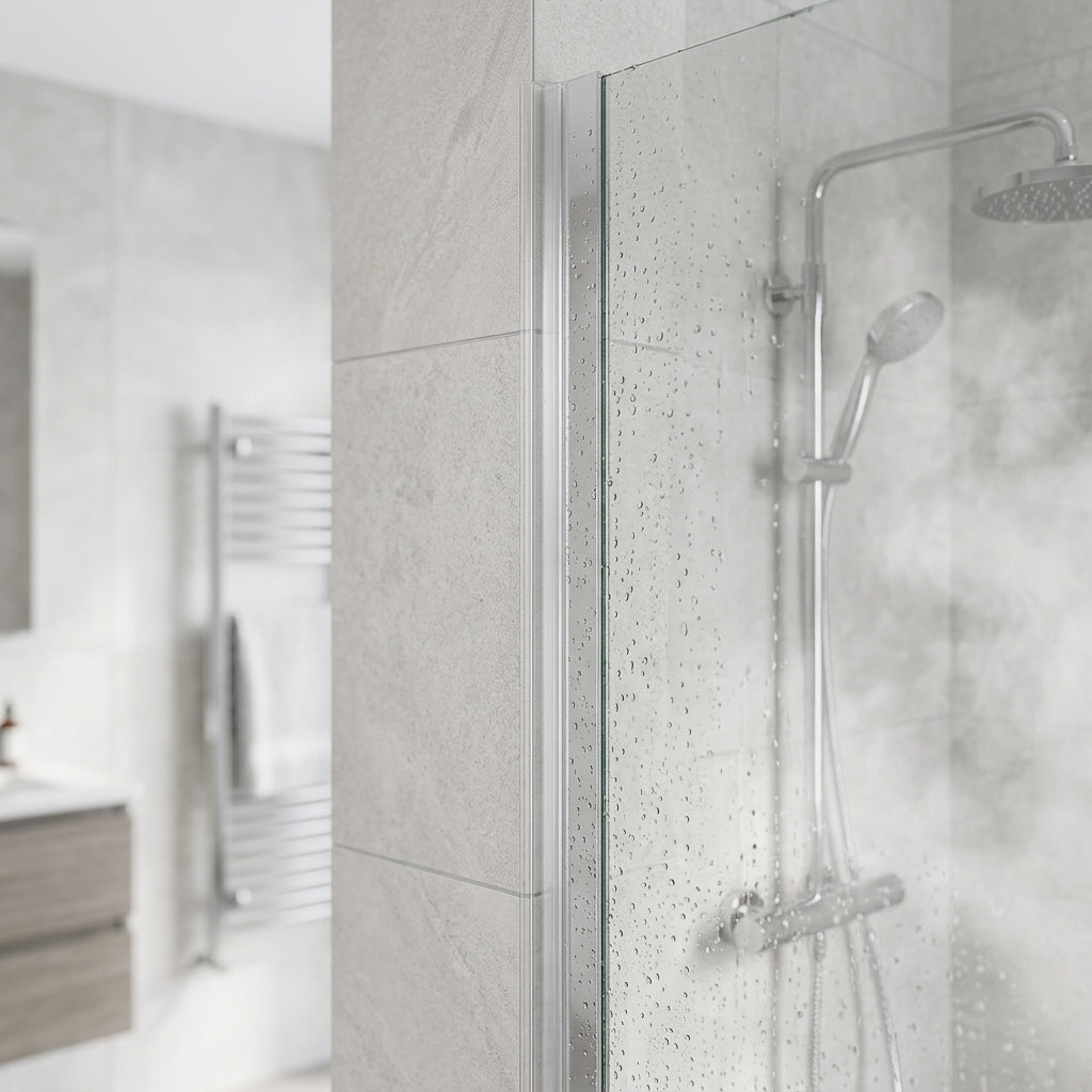 Clear self-adhesive vertical shower screen seal installed between glass and tiled wall - VHB tape hidden once fitted