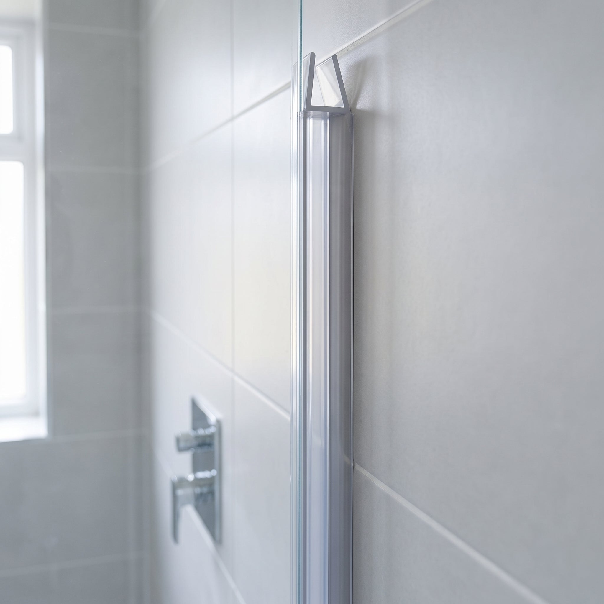 FIN019 clear seal fitted vertically on the upright edge of 4-6mm glass with rigid fin closing the gap to the wall