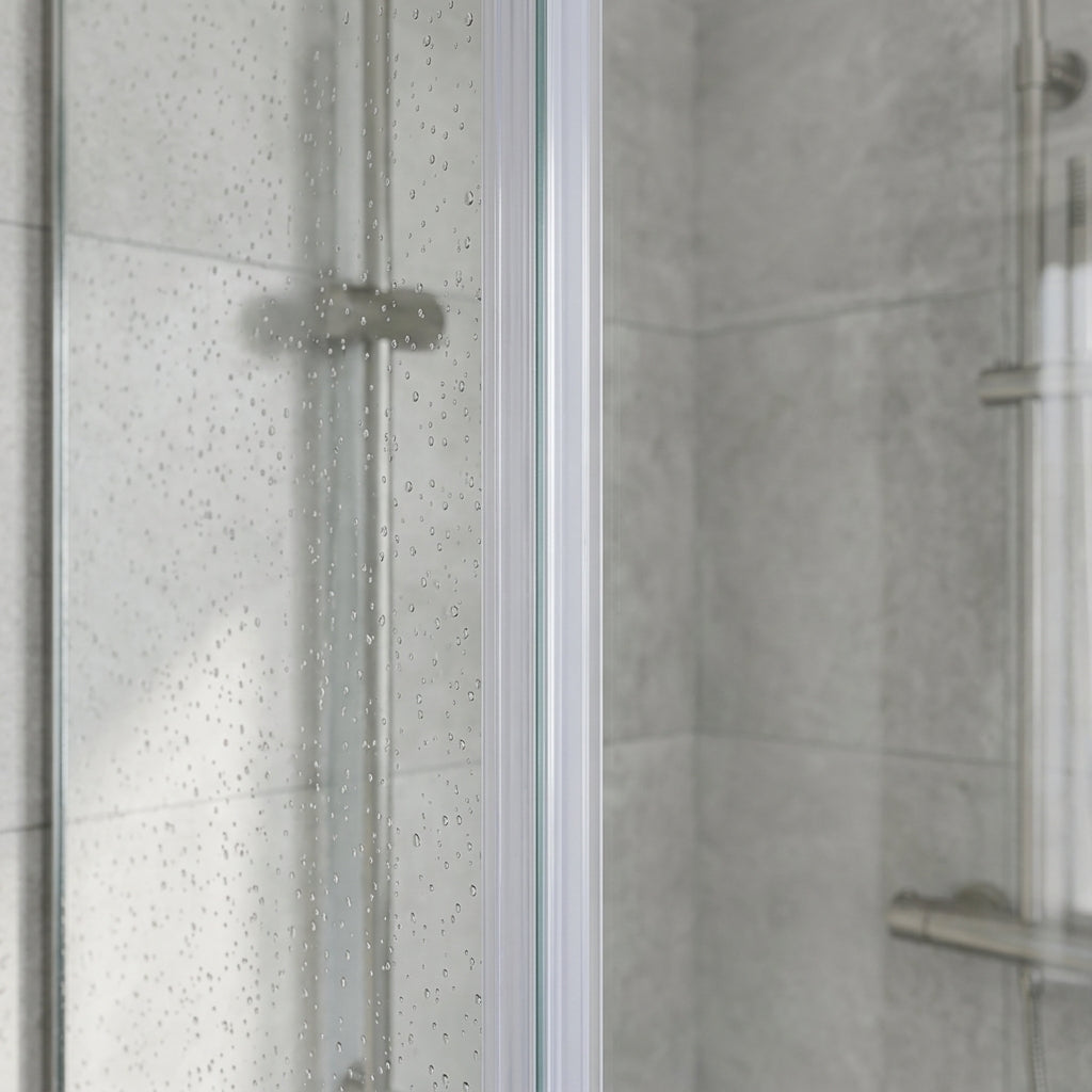 Vertical shower screen seal installed on glass door edge - Vertical Shower Screen Seal - Fits 6-8mm Glass - Rigid Fin - 900-2000mm