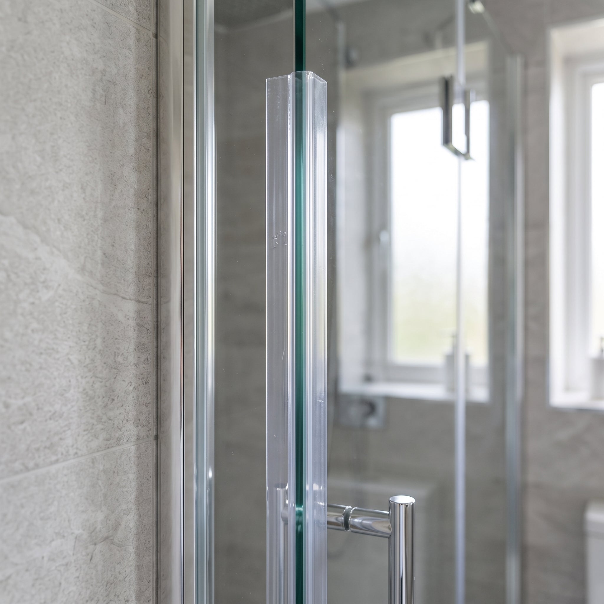 Clear vertical seal on the upright edge of 4-6mm glass, soft angled fin closing the gap