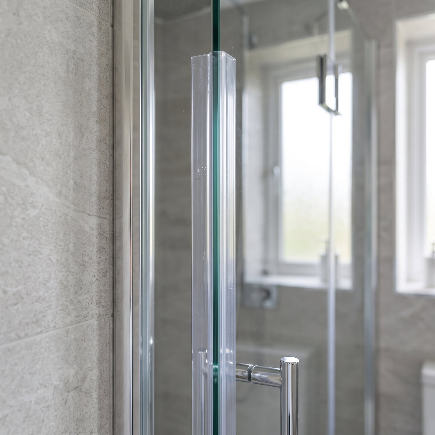 Clear vertical seal on the upright edge of 6-8mm glass, soft angled fin closing the gap