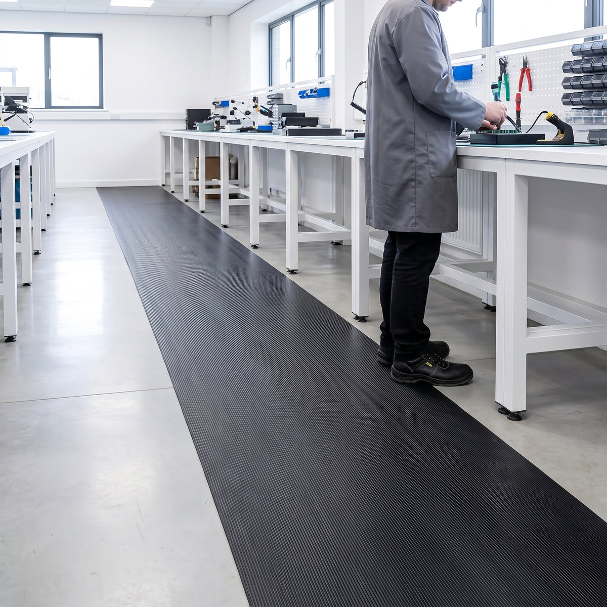 Black fine-rib PVC runner along a line of white workbenches in a bright electronics assembly room, a technician standing on it