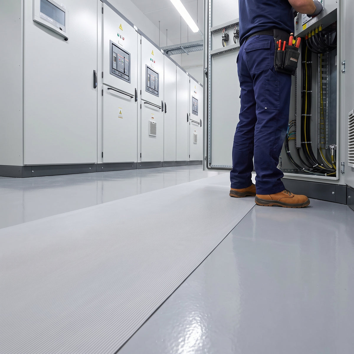Light grey fine-rib PVC runner laid in front of electrical cabinets in a clean switch room, an engineer standing on it at an open panel