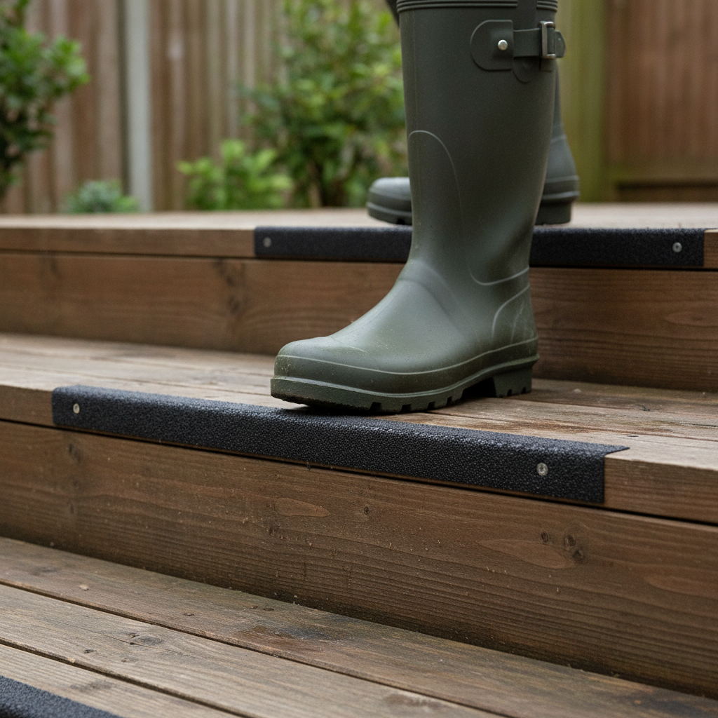 Anti-slip GRP decking strip installed on wooden garden decking steps, shown in real-life use with a wellington boot stepping onto the grip strip