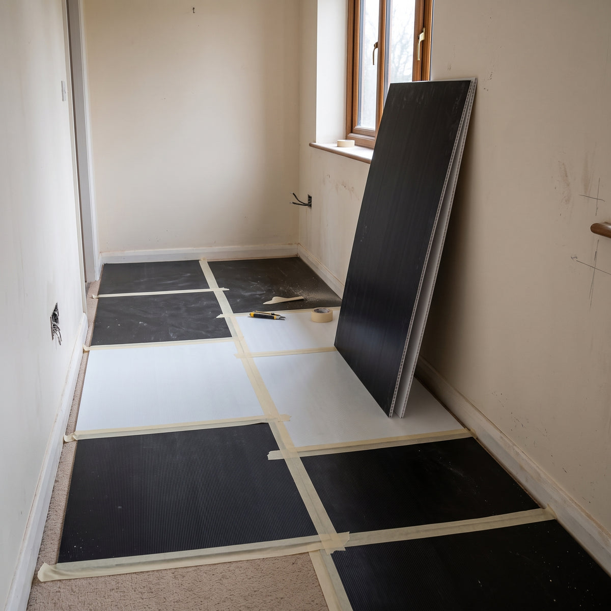 Black and white fluted polypropylene sheets taped down over a carpeted hallway during building work, one black sheet propped by the window